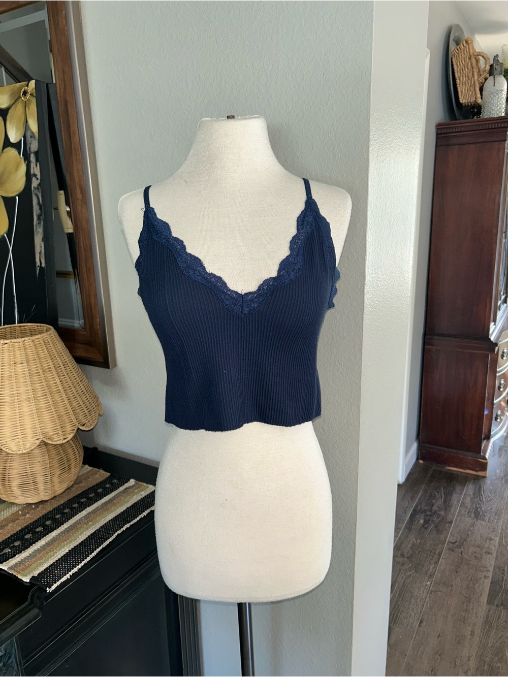 Alya Navy Ribbed Lace-Trim Bandeau Cami